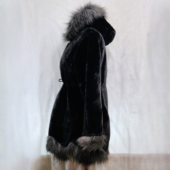 Black & Grey Faux Fur Jacket with Jewelled Rhinestone Closure and Hood - Picture 5 of 9